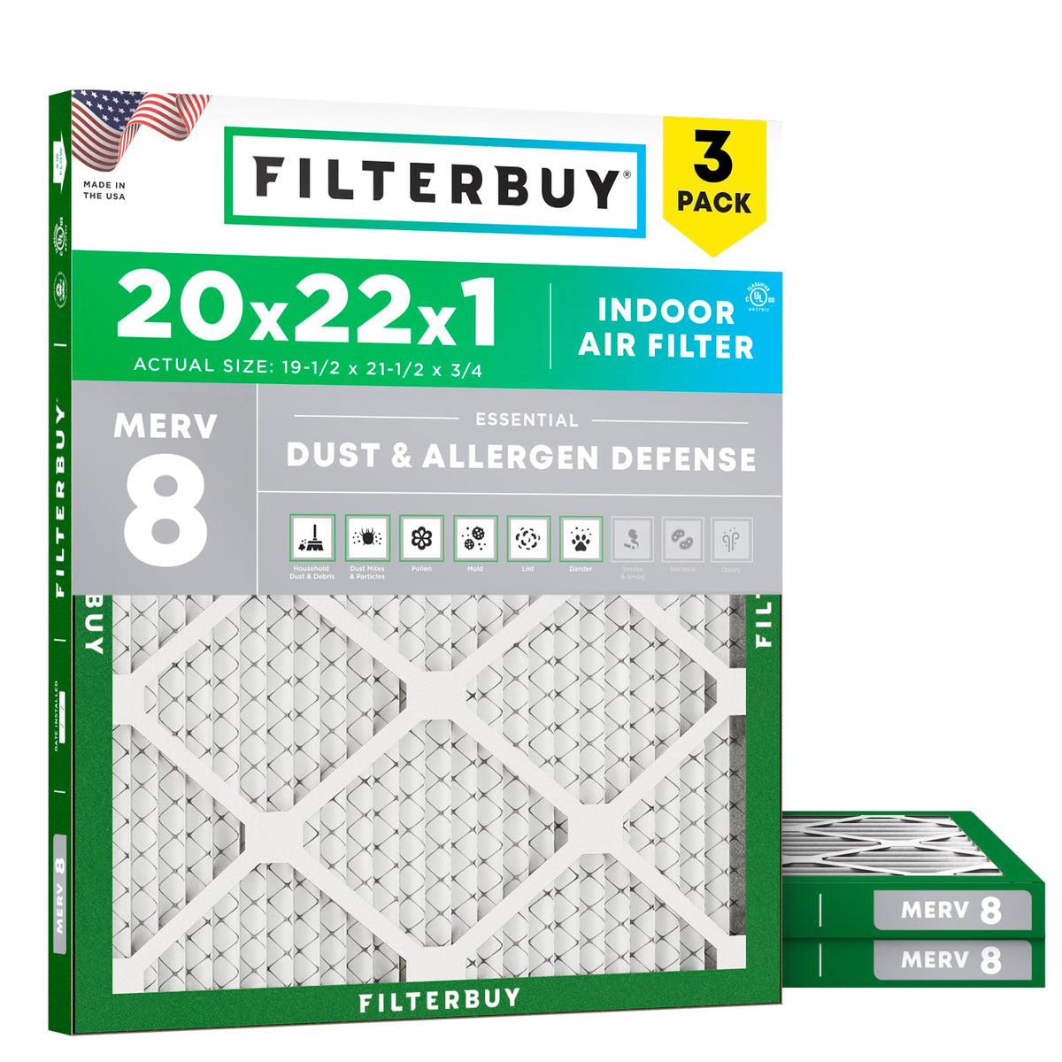 20x22x1 Air Filter MERV 8 Dust & Allergy Defense (3-Pack)