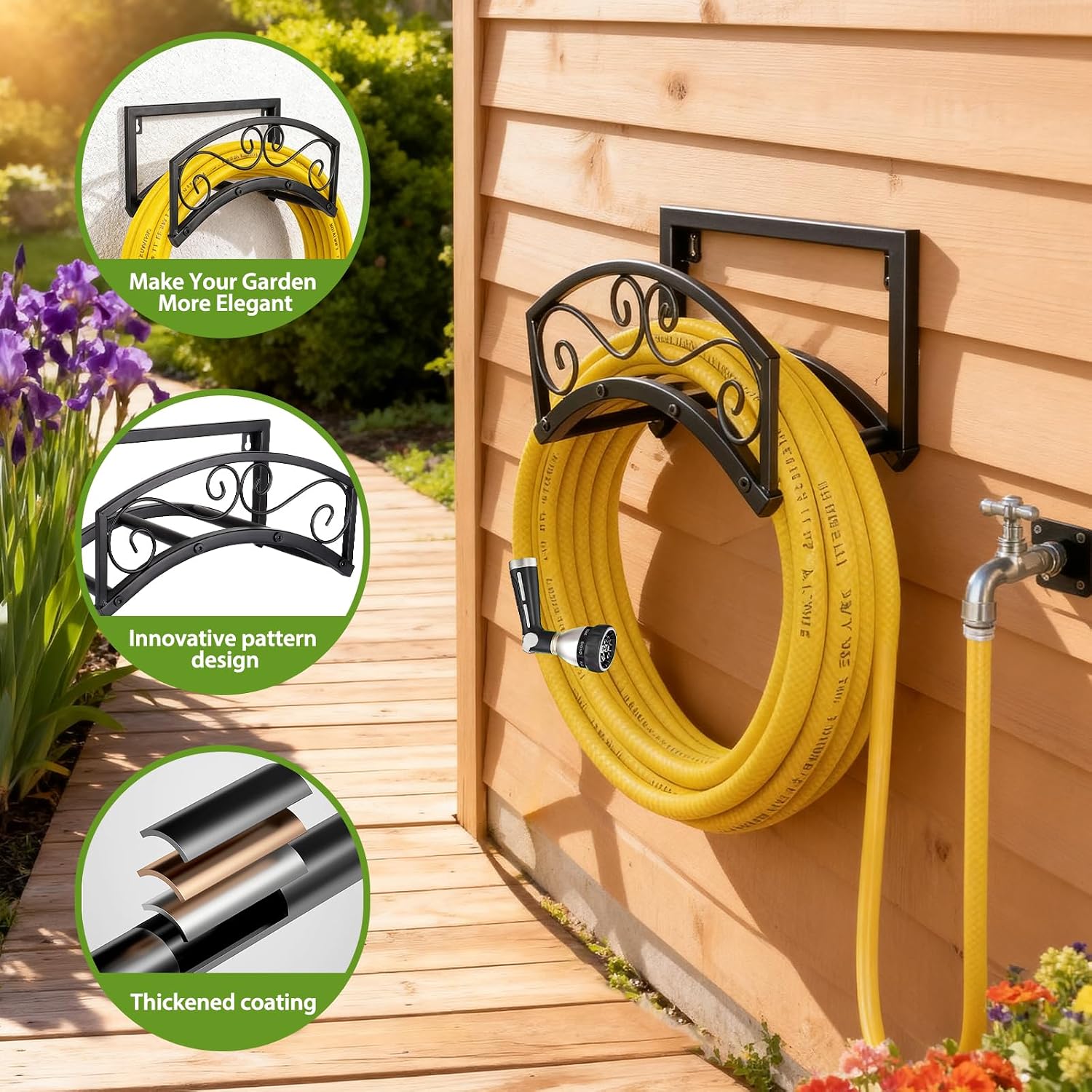 Garden Hose Holder Wall Mount, Metal Water Hose Holder, Holds 150FT | Heavy Duty, Weather-Proof, Durable Hose Storage
