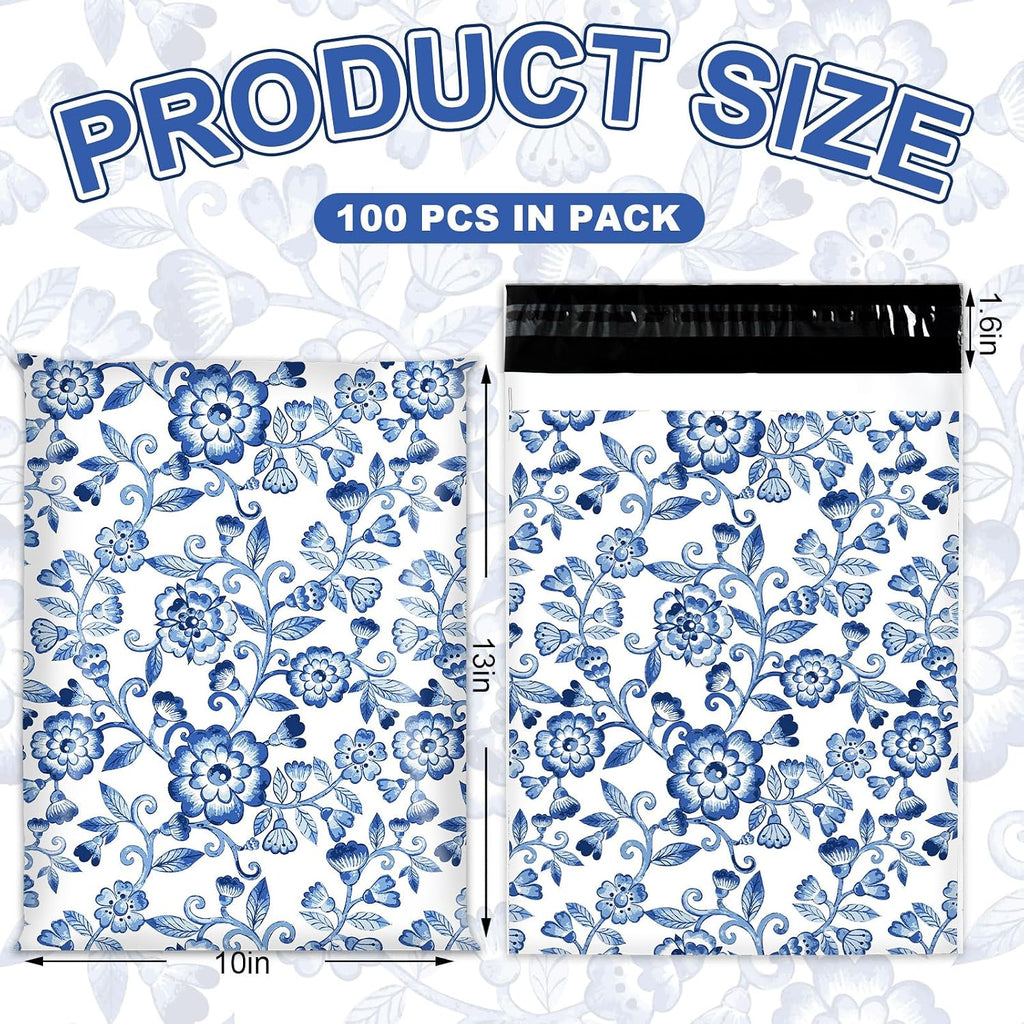 100Pcs Blue White Floral Poly Mailers 10 x 13 Inch Vintage Flower Envelope Mailers Bulk Chinoiserie Self-Sealing