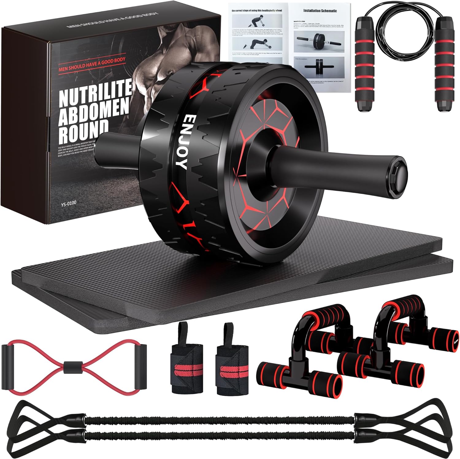 Ab Roller Wheel, Ab Exercise Wheels Kit with Ab Roller, Resistance Bands, Knee Mat, Jump Rope, Push-Up Bar