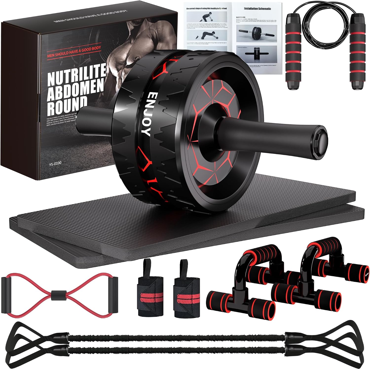 Ab Roller Wheel, Ab Exercise Wheels Kit with Ab Roller, Resistance Bands, Knee Mat, Jump Rope, Push-Up Bar