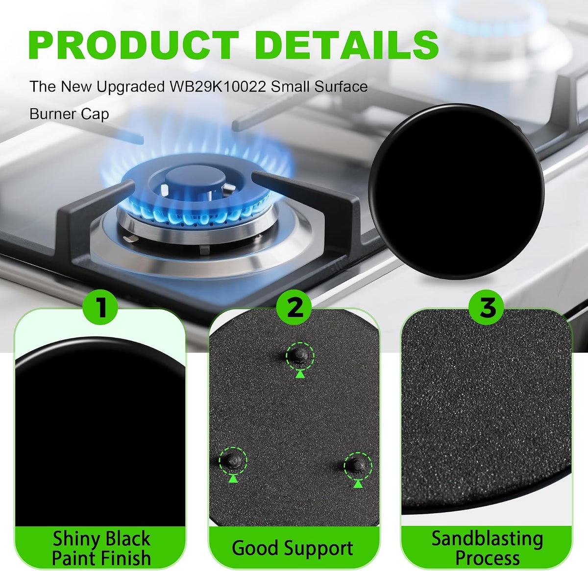 New Upgraded WB29K10009 WB29K10022 Range Surface Small Burner Cap Replacement for GE Gas Range/Stove/Oven/Cooktop,Shiny Black Surface,2.6 Inch Diameter (5K BTU)