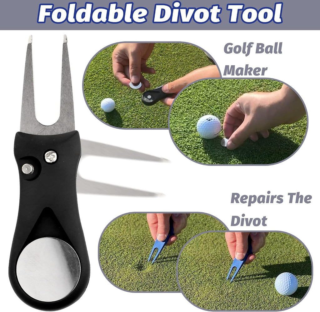 Golf Accessories Kit - Microfiber Waffle Pattern Golf Towel with Clip, Club Brush Groove Cleaner & Clip, Divot Tool