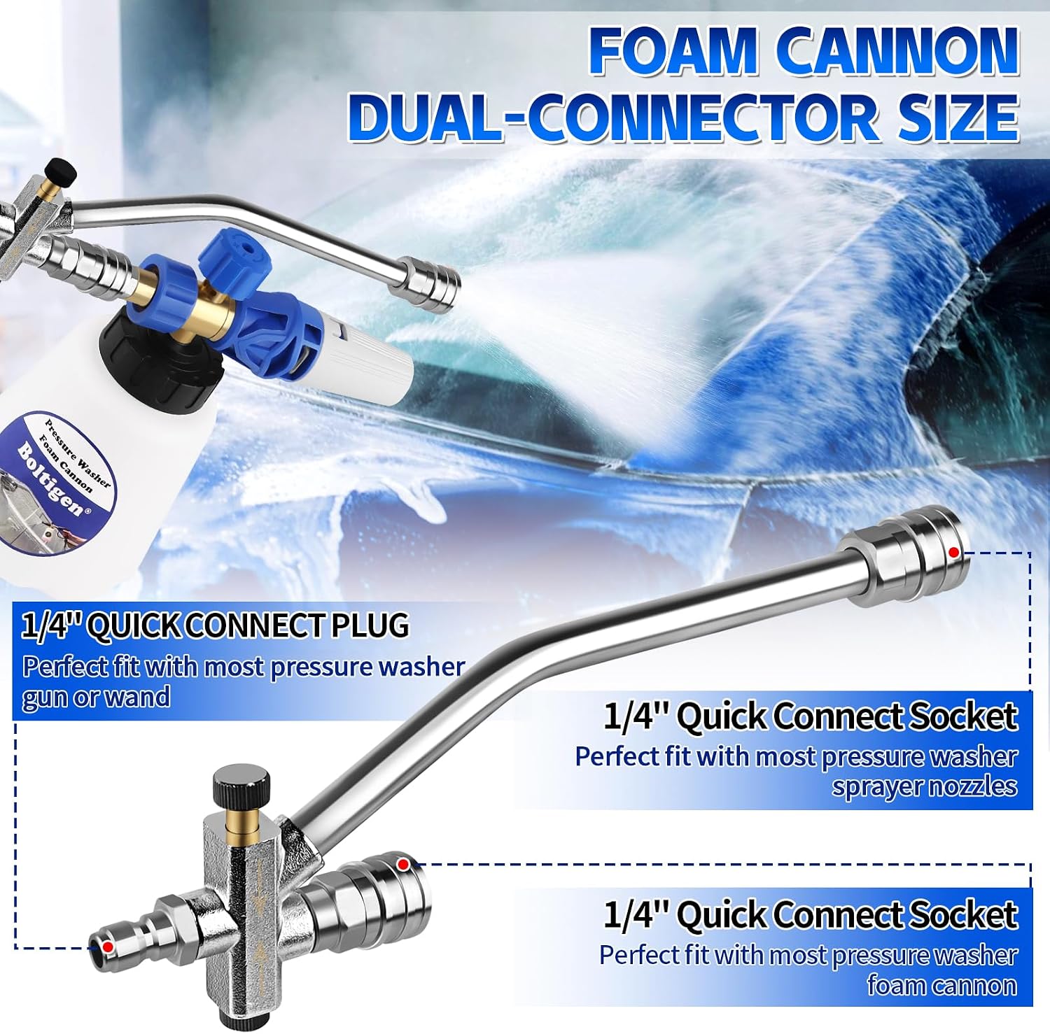 Pressure Washer Foam Cannon with Dual Connector, 1L Thick Snow Foam Blaster, Adjustable Foam Sprayer with 1/4" Quick