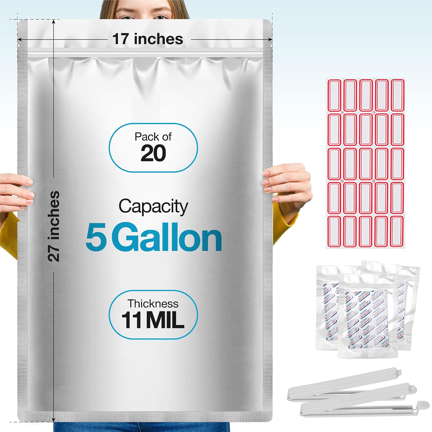 20 Pcs 5 Gallon Mylar Bags With Oxygen Absorbers 2000cc | Extra Thick, Closure Clip, Long Term Food Storage, Smell