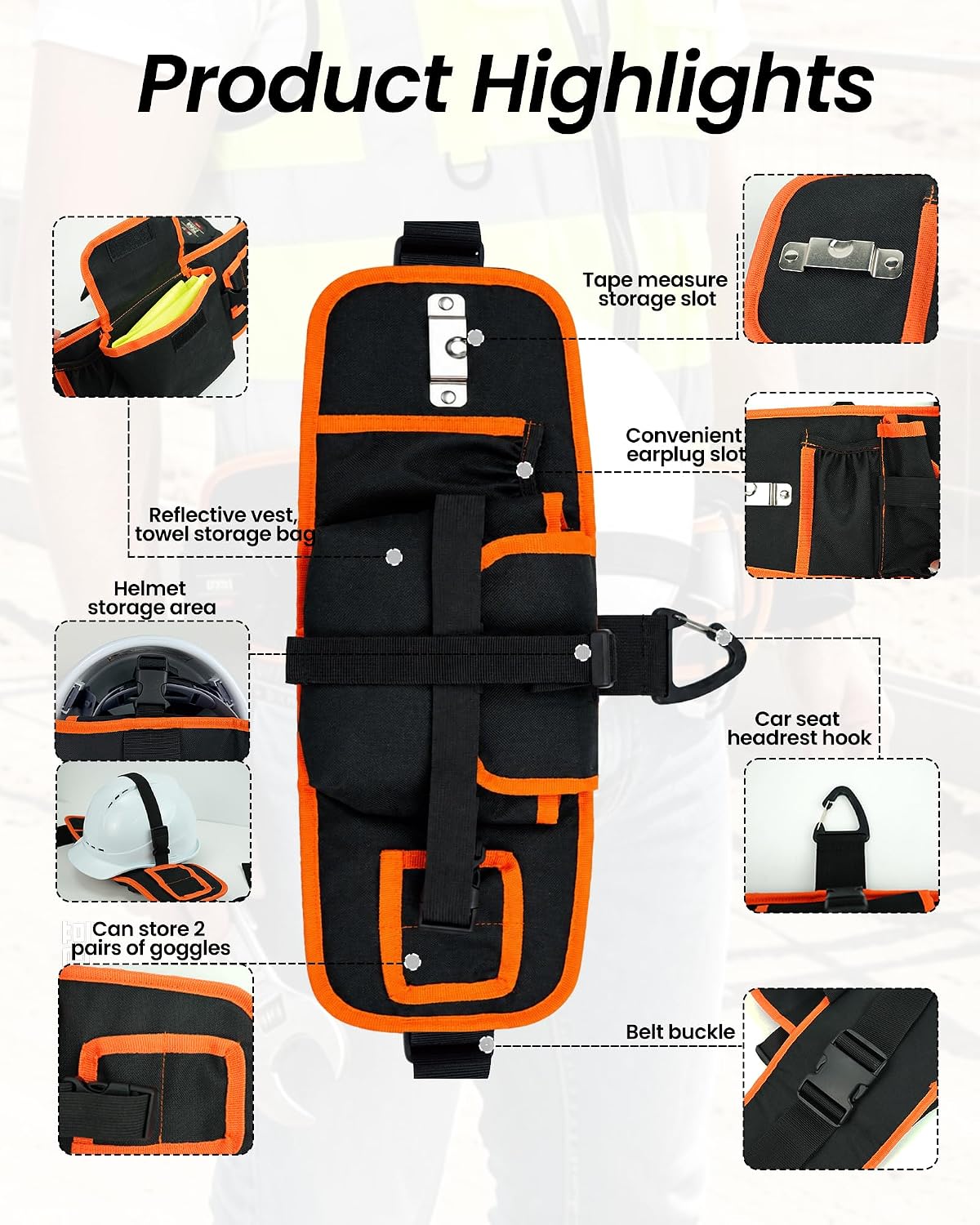 Hard Hat Holder for Truck, All-in-One PPE Organizer with Vest Pouch, Safety Glasses Clips,Earplug Pocket and Tape