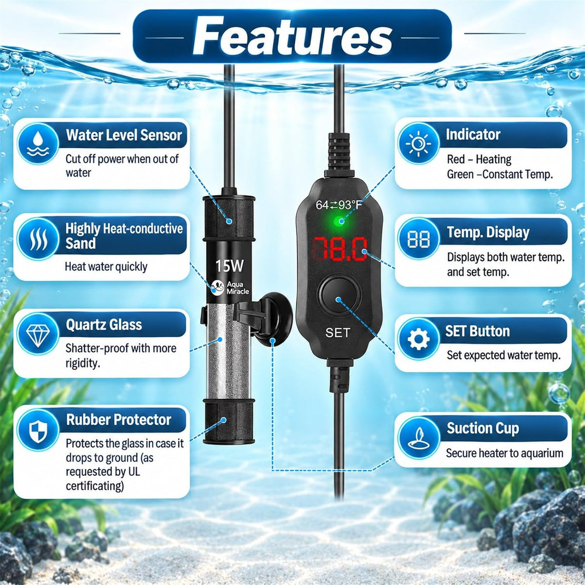 Aquarium Heater 15W Fish Tank Heater for 1-3 Gallon Tanks