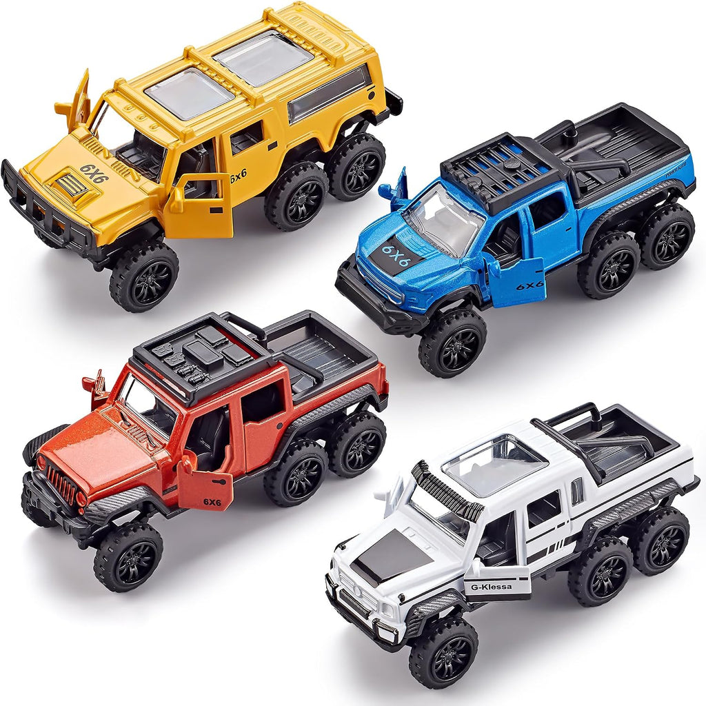 Pickup Trucks Open Door Die Cast Metal Toy Cars Pull Back Car 4 Pack | 1/64 Scale, Off-Road Trucks, Moving Parts