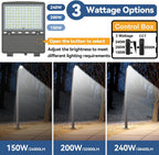 LED Parking Lot Light: 150W/200W/240W Selectable, Shoebox Light Arm Mount