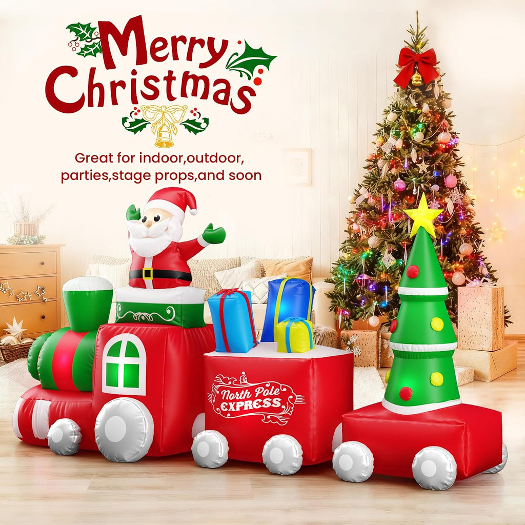 10FT Christmas Inflatable Train with Santa Claus, Gift Boxes, Christmas Trees, Built-in Lights, 2026 Yard Decor Giant