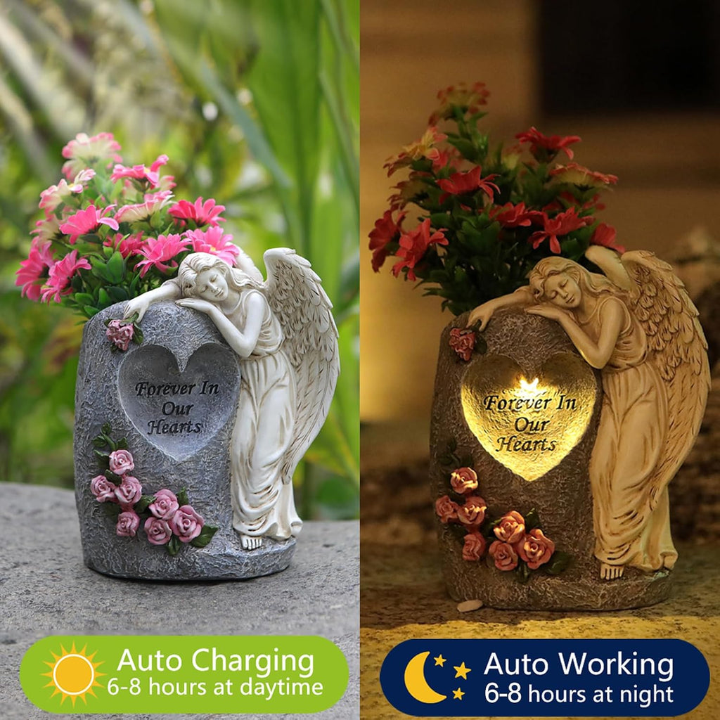 Solar Cemetery Vases for Grave, Resin Angel Headstones Vases with Spikes for Fresh Artificial Flowers, Grave Markers