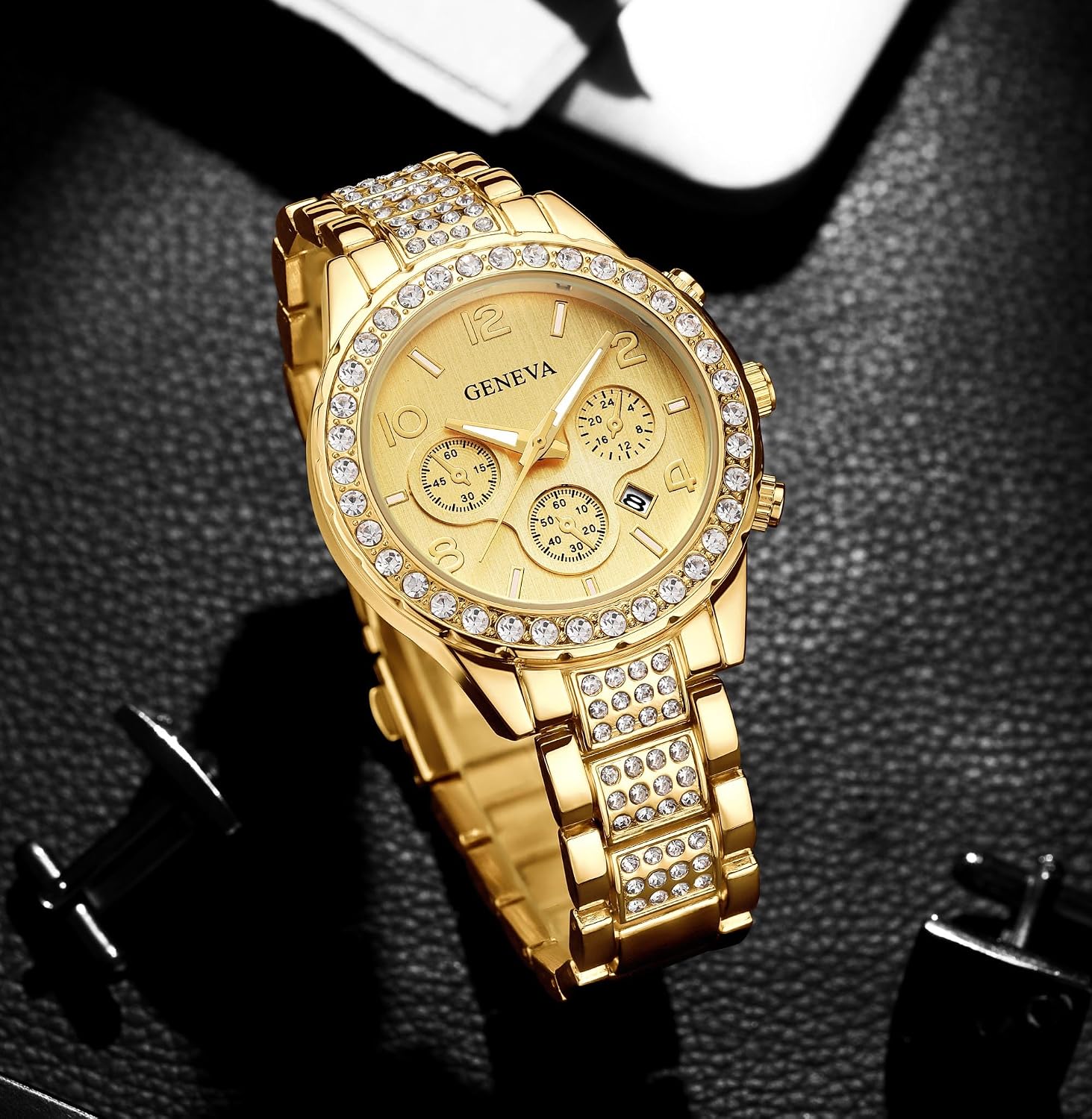 Luxury Unisex Watch Crystal Quartz Calendar Gold Silver Stainless Steel Wrist Watch