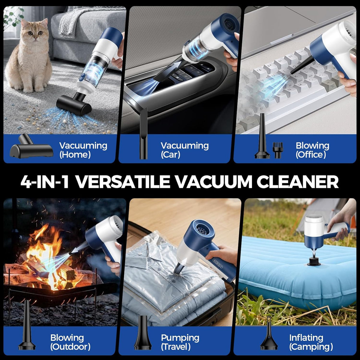 Car Vacuum/Air Duster Portable Cordless - 16000PA High Power Handheld Vacuum with 85,000RPM Brushless Motor, 4-in-1