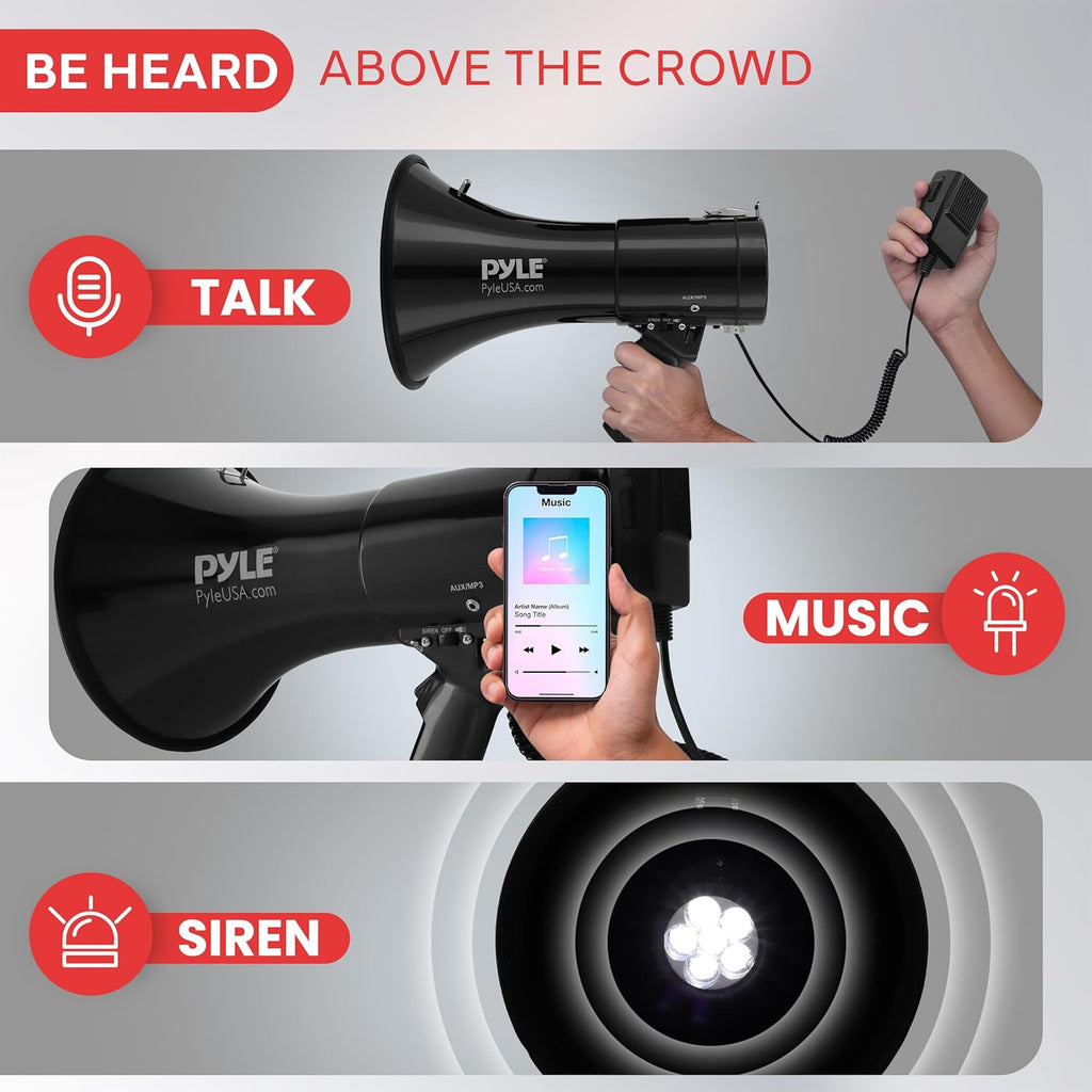 Portable Compact PA Megaphone Speaker with Alarm Siren & Adjustable Volume - 50W Handheld Lightweight Bullhorn - with