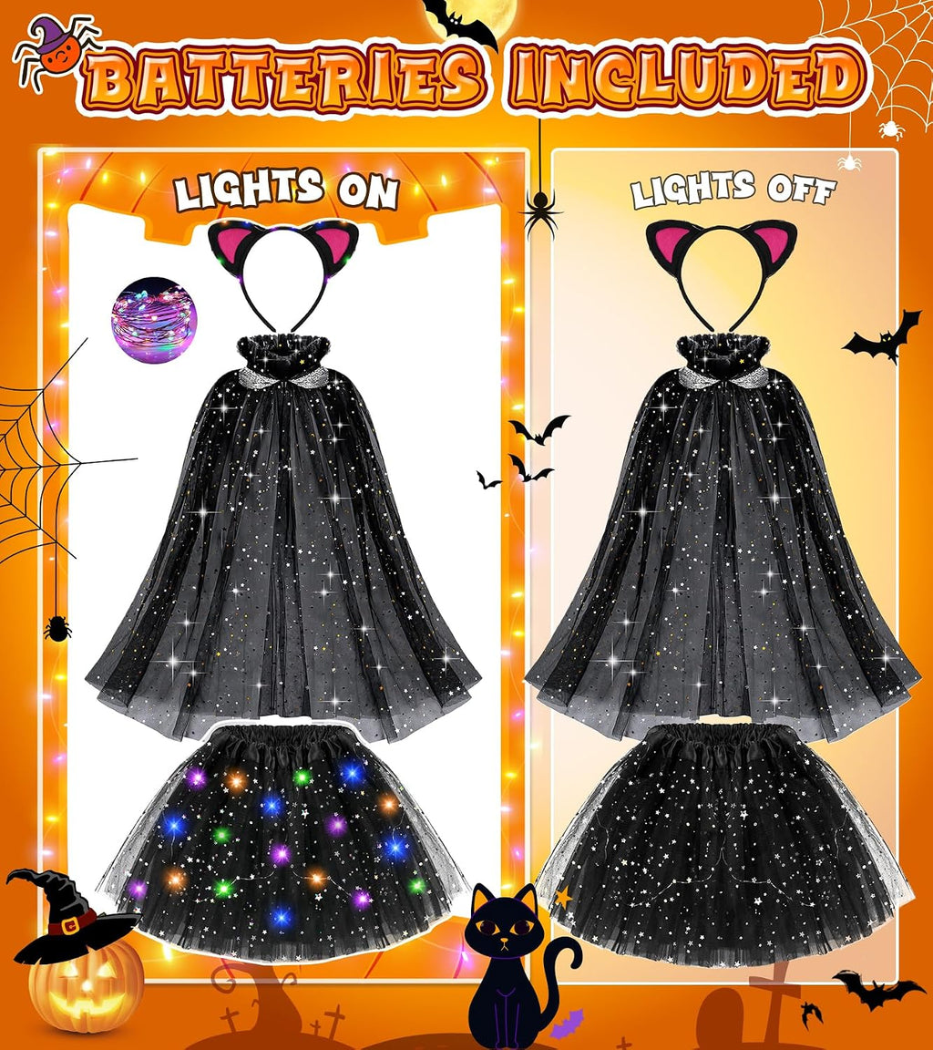 Black Cat Costume & Cape for Girls, Light Up Kid Halloween Costume for Girl
