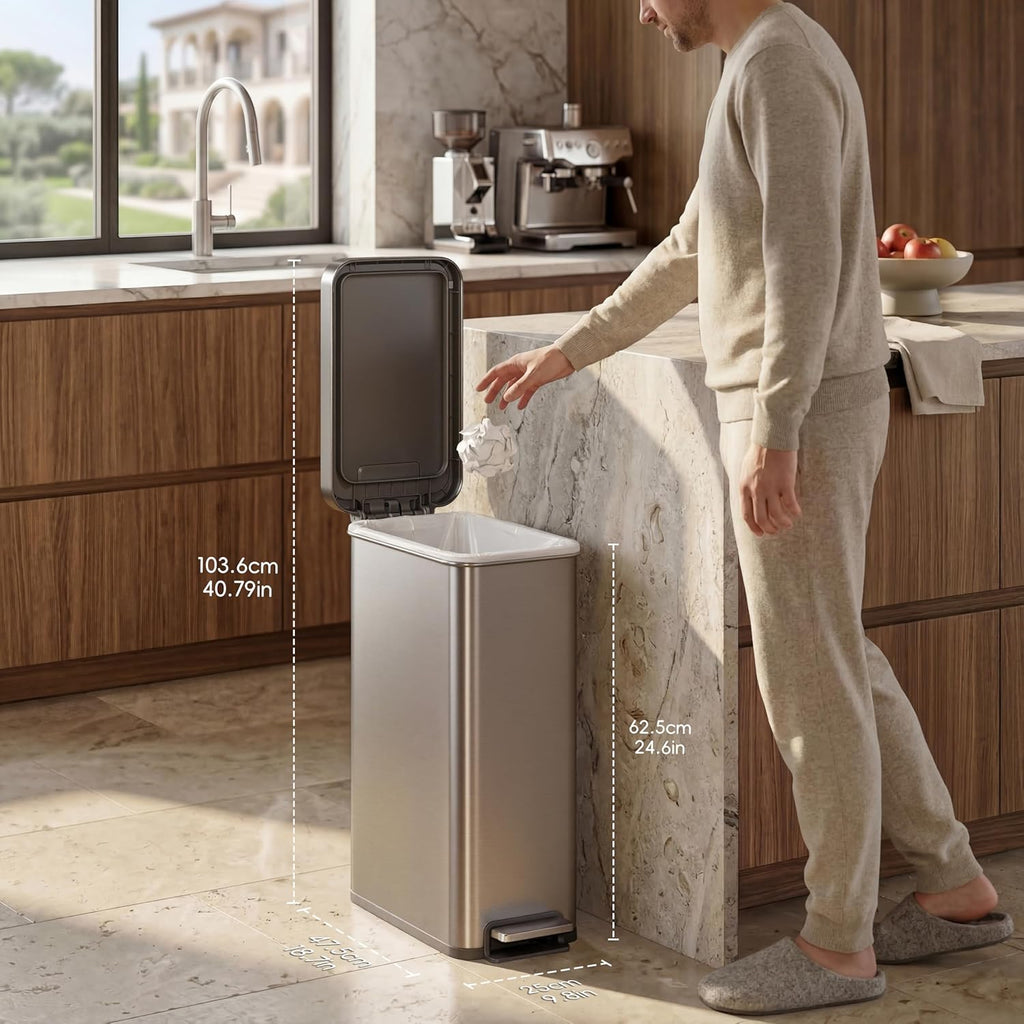 Hudson Slim 50L / 13.2 Gallon Kitchen Trash Can with Lid, Stainless Steel Step Garbage Can for Kitchen or Home