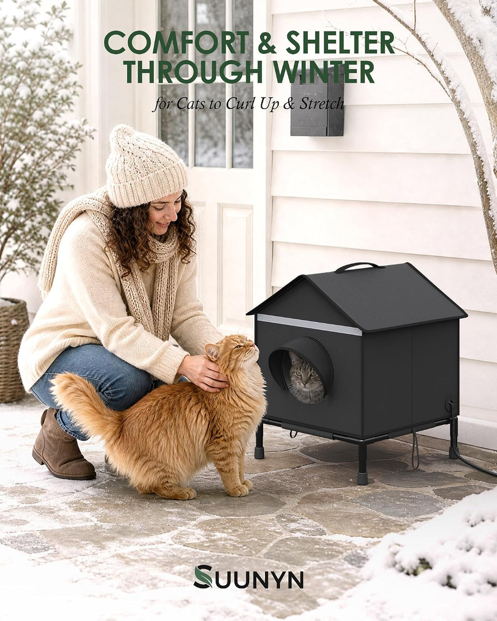 Outdoor Cat House with Heated Pad Insulated Cat Shelter Standard Size Black