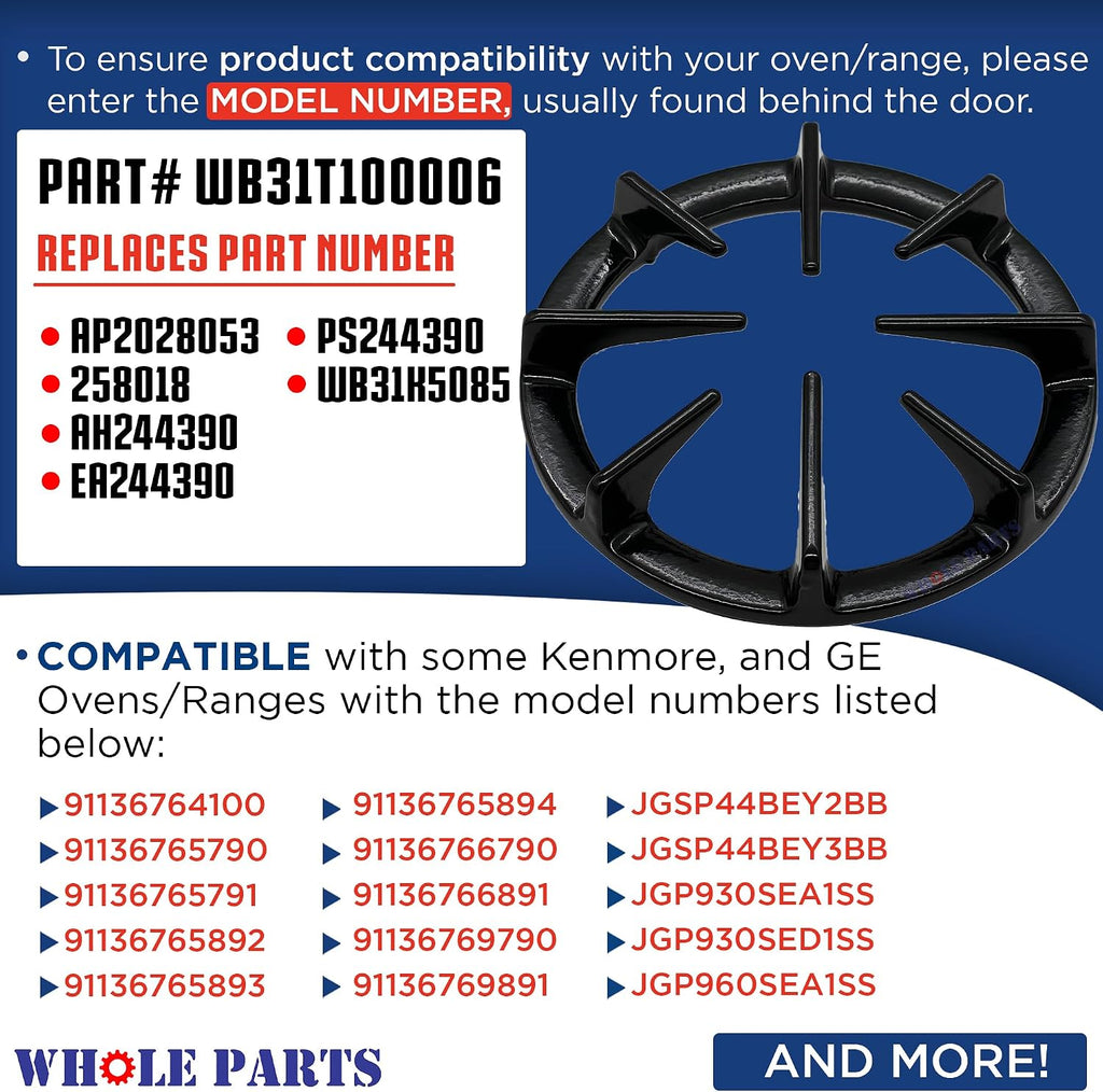 Upgraded Whole Parts Range Burner Grate Part# WB31T10006- Replacement & Compatible with Some Kenmore and GE Ranges or