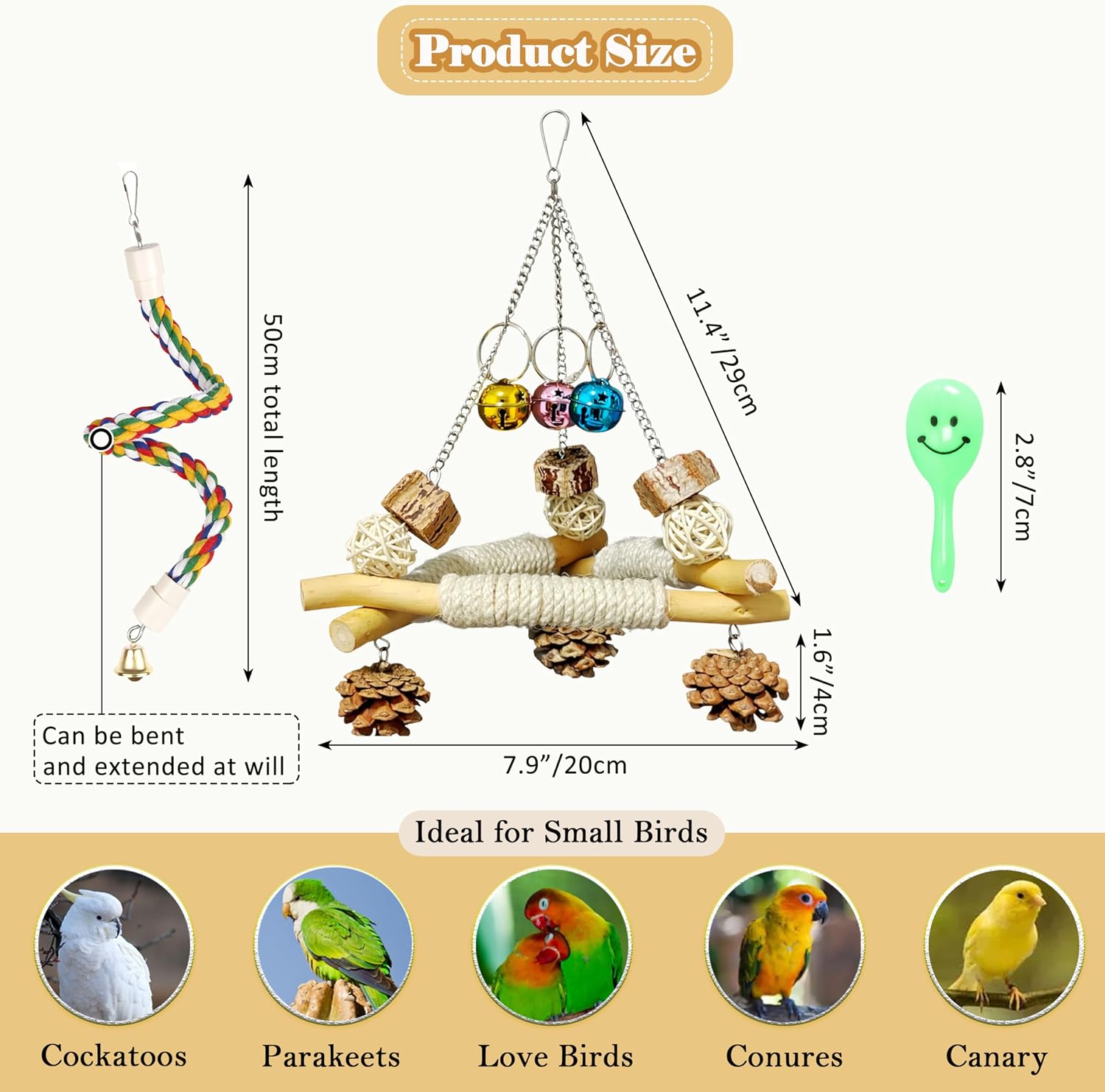 3 in 1 Bird Swing and Climbing Rope Set Triangle Wooden Perch with Bells and Natural Chew Toys Flexible Cotton Rope