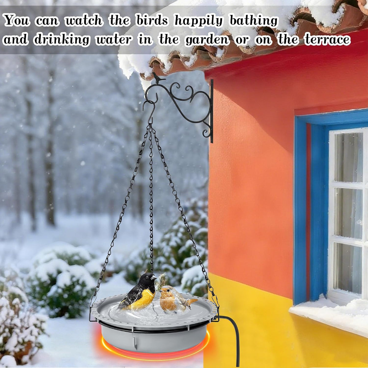 1 Set 100W Thermostatical Hanging Heated Birdbath for Winter Outdoor