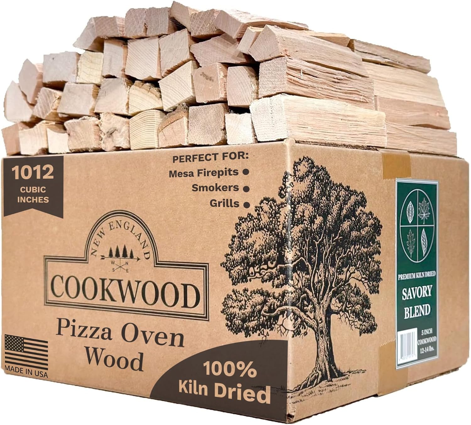 Savory Blend 5 Inch Universal Cooking Firewood - 14lbs. ~1000cuin Premium Kiln Dried Cooking Wood for Grills, Smokers