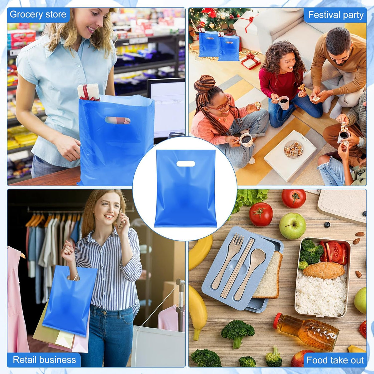 500 Pcs Plastic Merchandise Bags with Die-Cut Handles, Blue