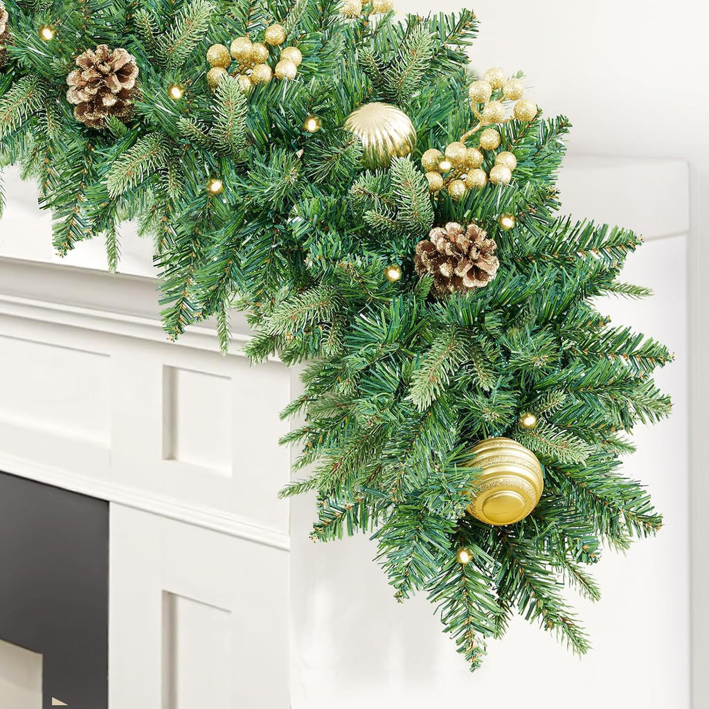 9FT Pre-Lit Artificial Christmas Garland with 50 Led Light, Green, Decorated with Pine Cones, Glitter Powder Gold