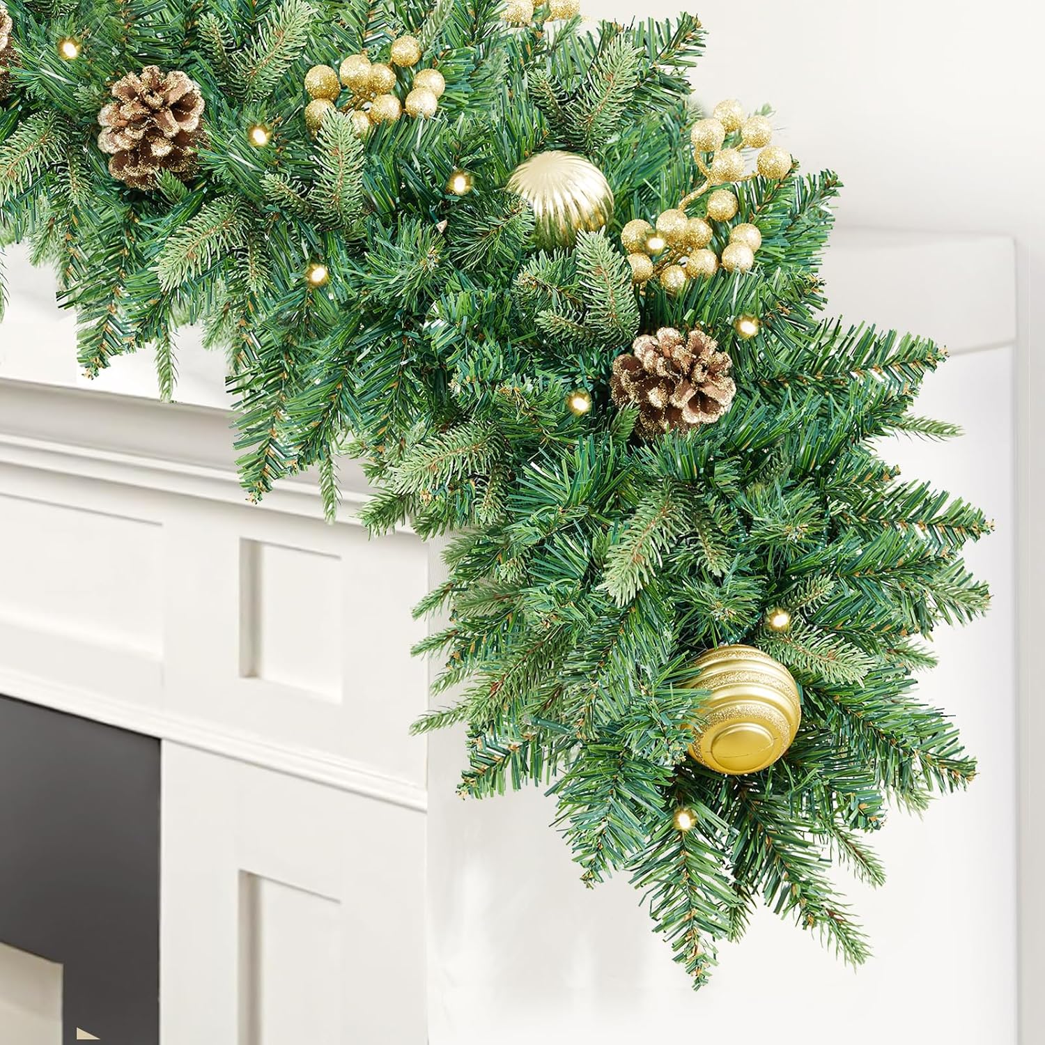 9FT Pre-Lit Artificial Christmas Garland with 50 Led Light, Green, Decorated with Pine Cones, Glitter Powder Gold