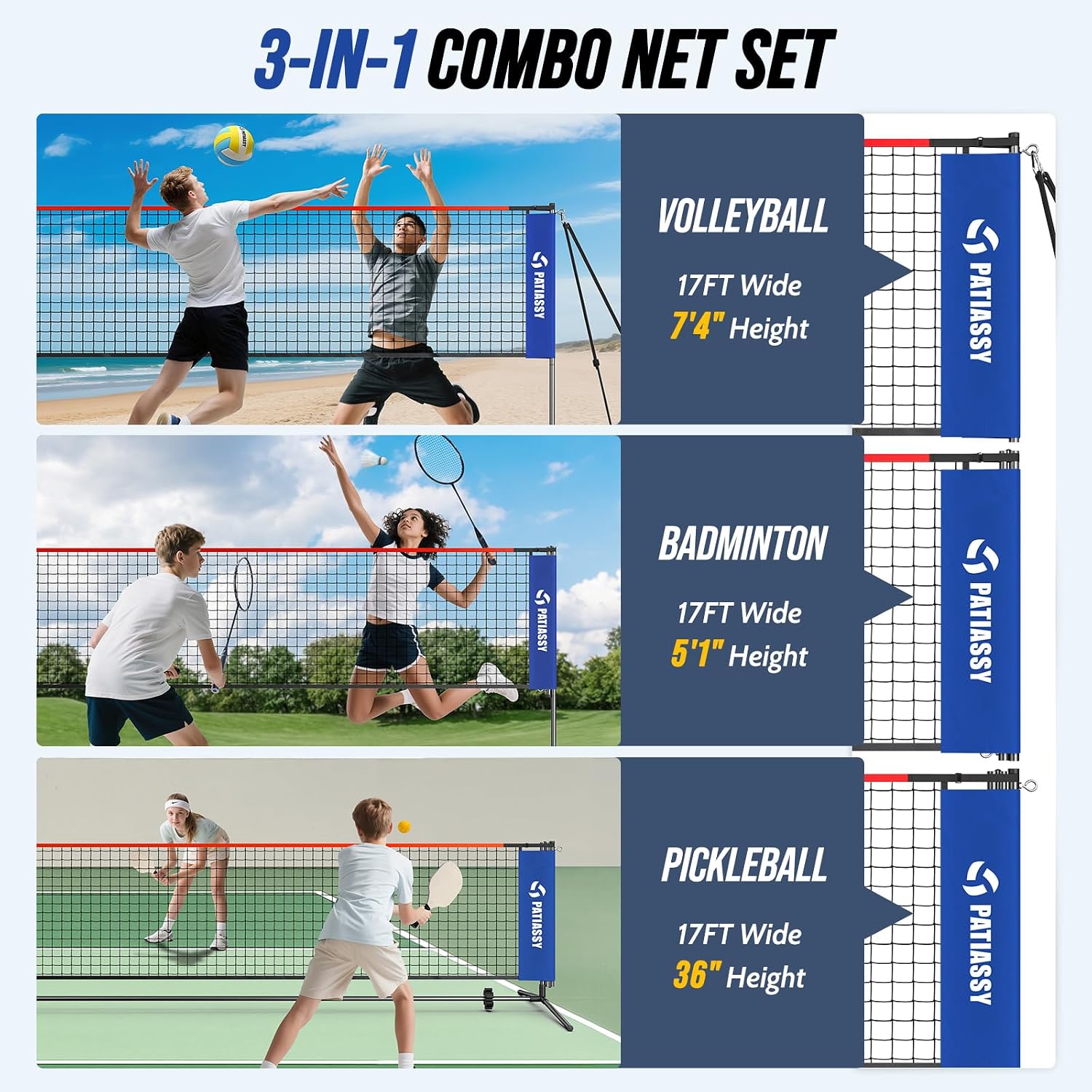 3-in-1 Badminton Volleyball Pickleball Net Set Adjustable Height | Backyard Outdoor Games, 17FT Portable Net, Height