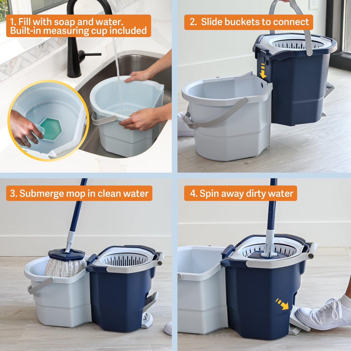 Spin Mop System with Extra Mop Head Refill - Two-Bucket Design with Splash Guard Built-in Measuring Cup and Scraper