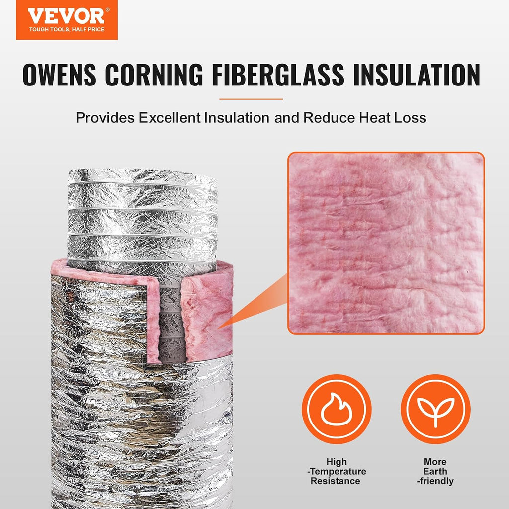6 Inch Insulated Flexible Duct R-6.0，25 Feet Long with 2 Duct Clamps, Heavy-Duty Three Layer Protection Air Ducting