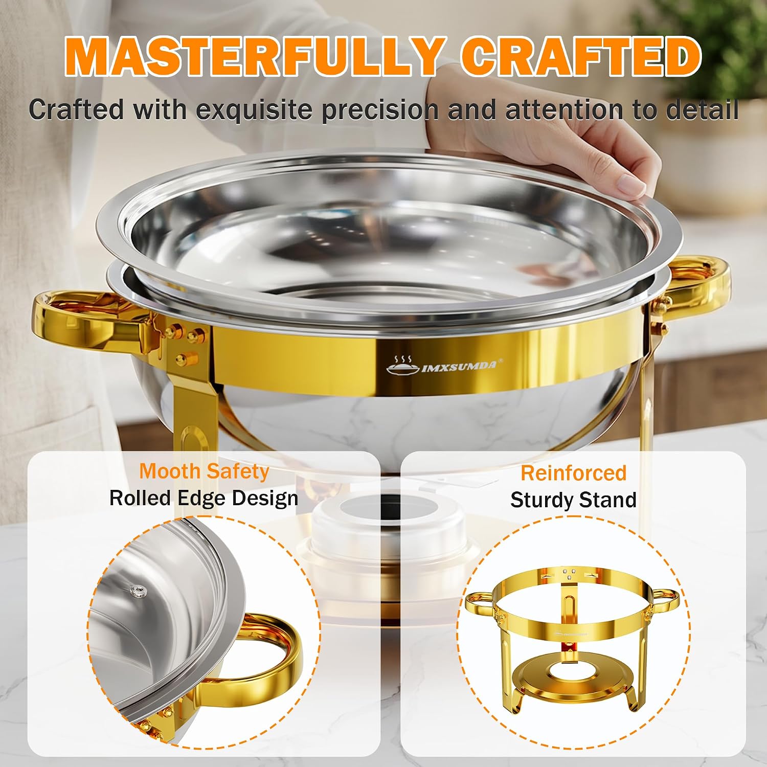 Chafing Dishes for Buffet with Glass Lid & Rolled-Edge 4 Pack 5QT, Gold | Stainless Steel Round Chafing Dish Set