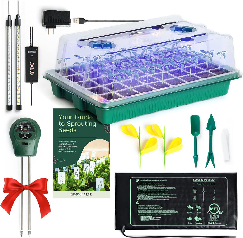 Seed Starter Kit with Grow Lights & Heat Mat – 40-Cell Seed Starter Tray, Humidity Dome, Soil Moisture Meter & Sticky