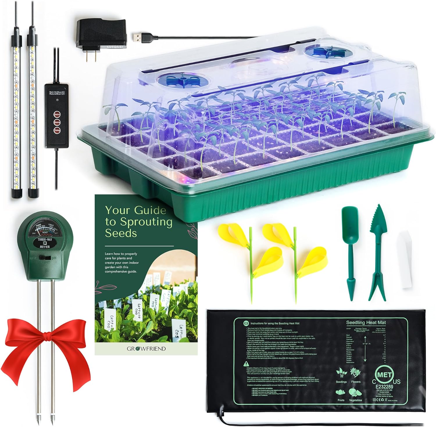 Seed Starter Kit with Grow Lights & Heat Mat – 40-Cell Seed Starter Tray, Humidity Dome, Soil Moisture Meter & Sticky