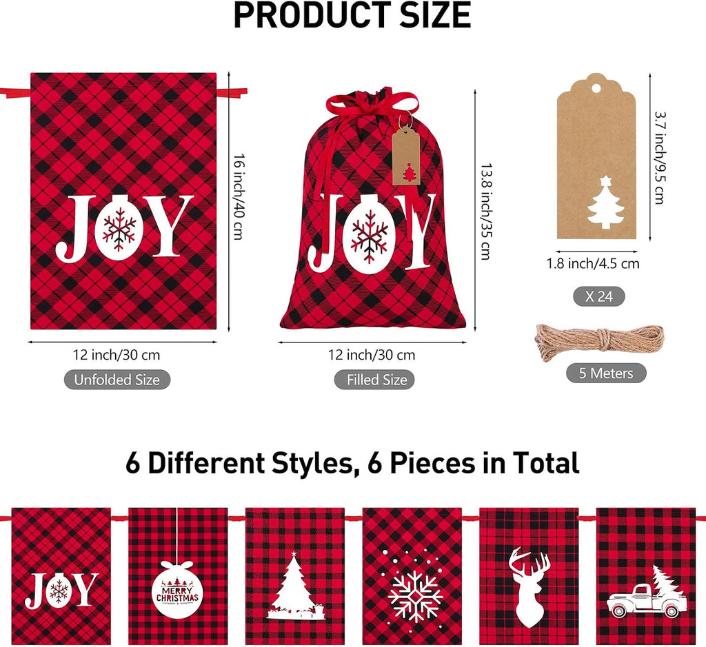 6 Pieces Christmas Drawstring Gift Bags Red and Black Plaid Drawstring Bags with 24 Kraft Paper Tags and 16 Feet Rope