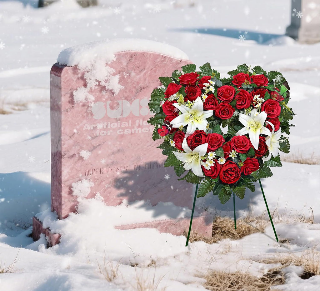 Cemetery Flower - Ebullient Remembrance Standing Heart, Grave Wreath with Easel Stand,Memorial Floral-Red Rose