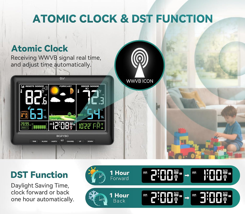Weather Station Wireless Indoor Outdoor Thermometer Atomic Clock | Large Display, DST Adjustment, Wireless, Indoor