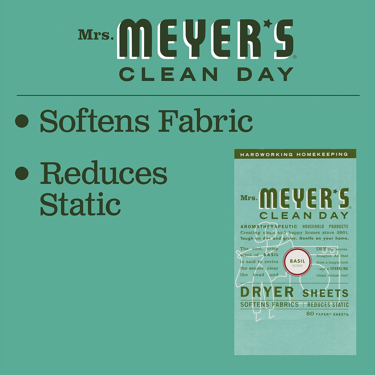CLEAN DAY Dryer Sheets, Fabric Softener, Reduces Static, Infused with Essential Oils, Basil, 80 Count