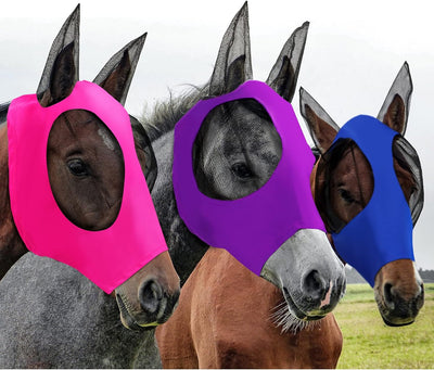 3 Pcs Horse Fly Mask with Ears, L, Purple, Blue, Pink
