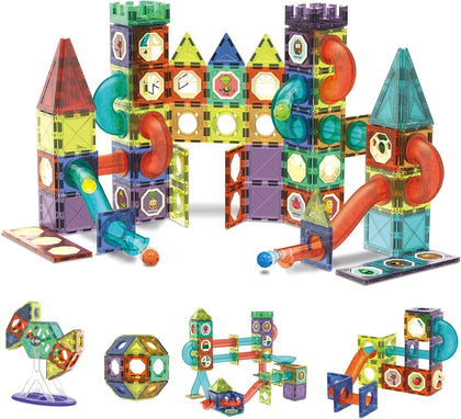 STEM Building Toys - 110 pcs Marble 3D Magnetic Run Tiles Learning Stacking Educational Building Blocks Set