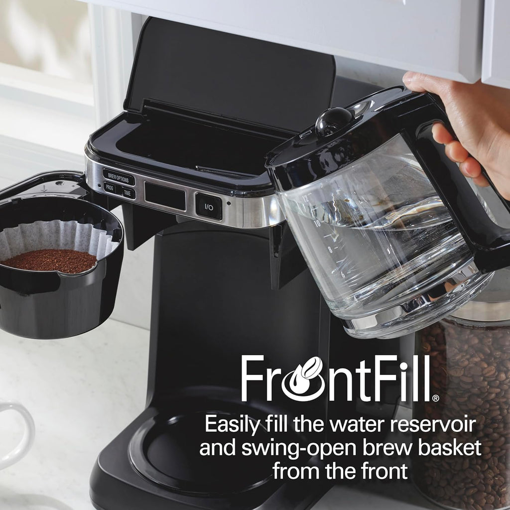 FrontFill 12 Cup Programmable Drip Coffee Maker | Regular & Bold Brew Options | Auto Pause and Pour | Glass Carafe |