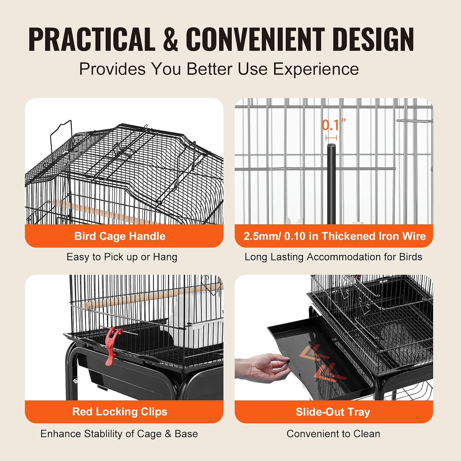 64-inch Open Top Large Parrot Bird Cage with Detachable Rolling Stand for Parakeets Finches Canaries Lovebirds