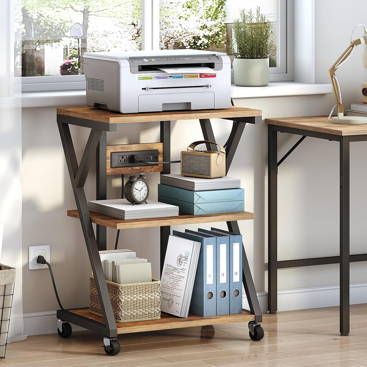 3-Tier Printer Stand, Mobile Printer Table, Rolling Cart with Charging Station, Home Printer Stand
