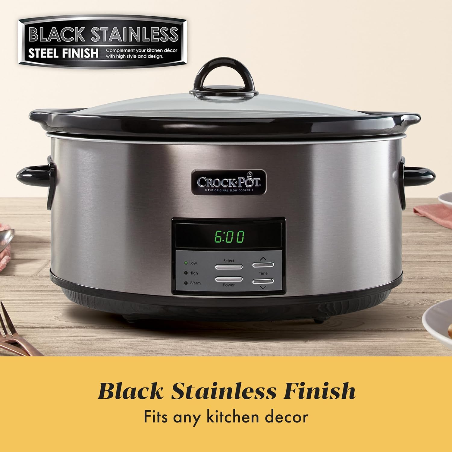 Large 8-Quart Programmable Slow Cooker with Auto Warm Setting Black Stainless Steel