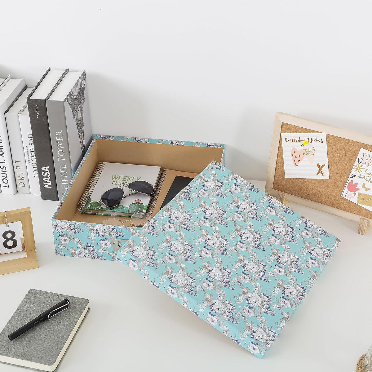 Floral Photo Storage Box, 14.8x13x3.7 In, Blue Cottage