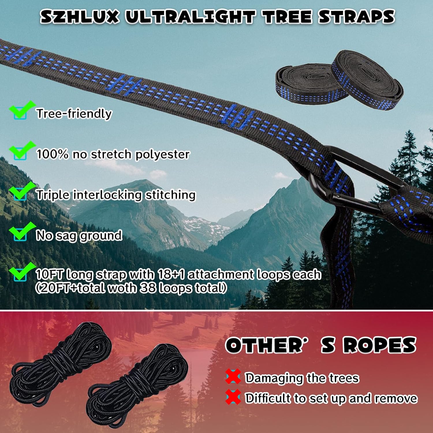 Hammock Straps for Trees - Set of Two 10ft Long, with 38 Loops & 2 Carabiners| Essential Hammock Accessories