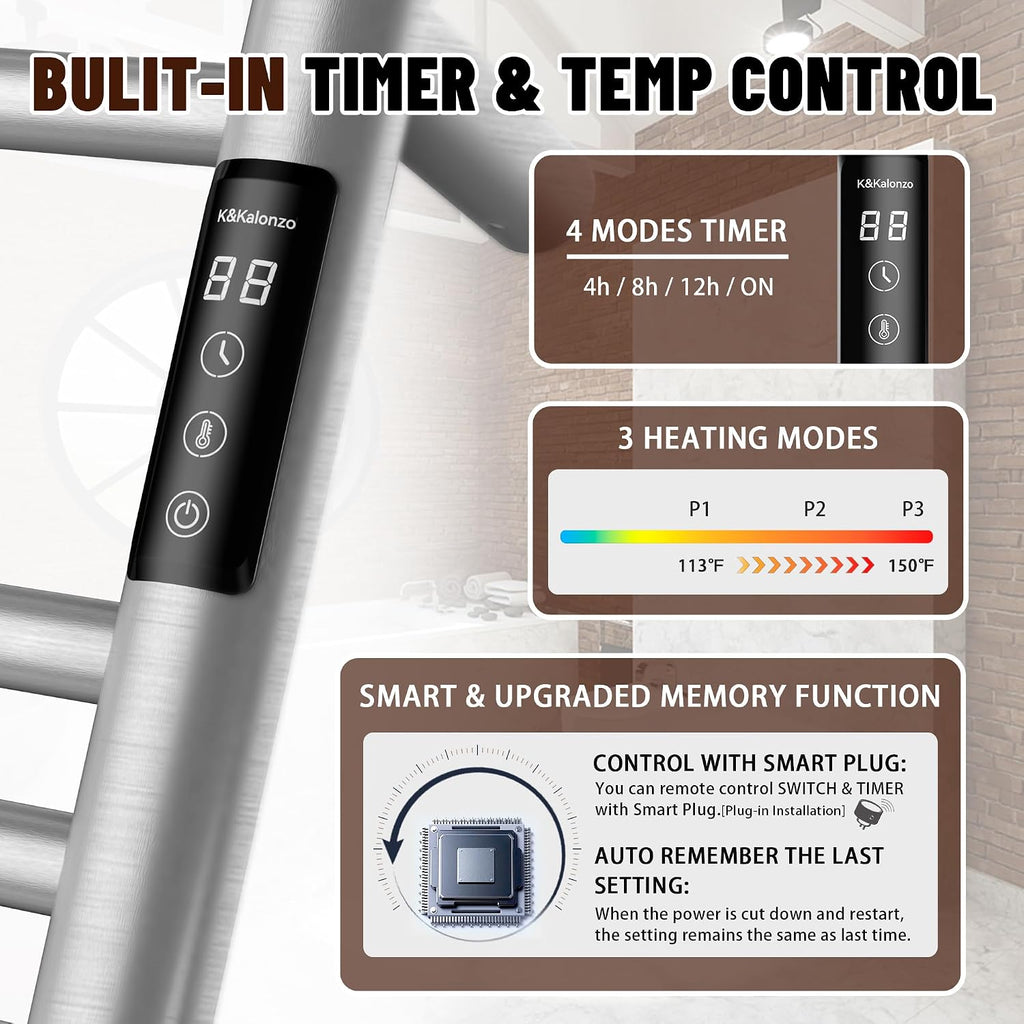 Wall-Mounted 9-Bar Heated Towel Rack, 2-Min Heat, NTC Safety | 4 Timers & 3 Heat Levels Control, Plug-In/Hardwired