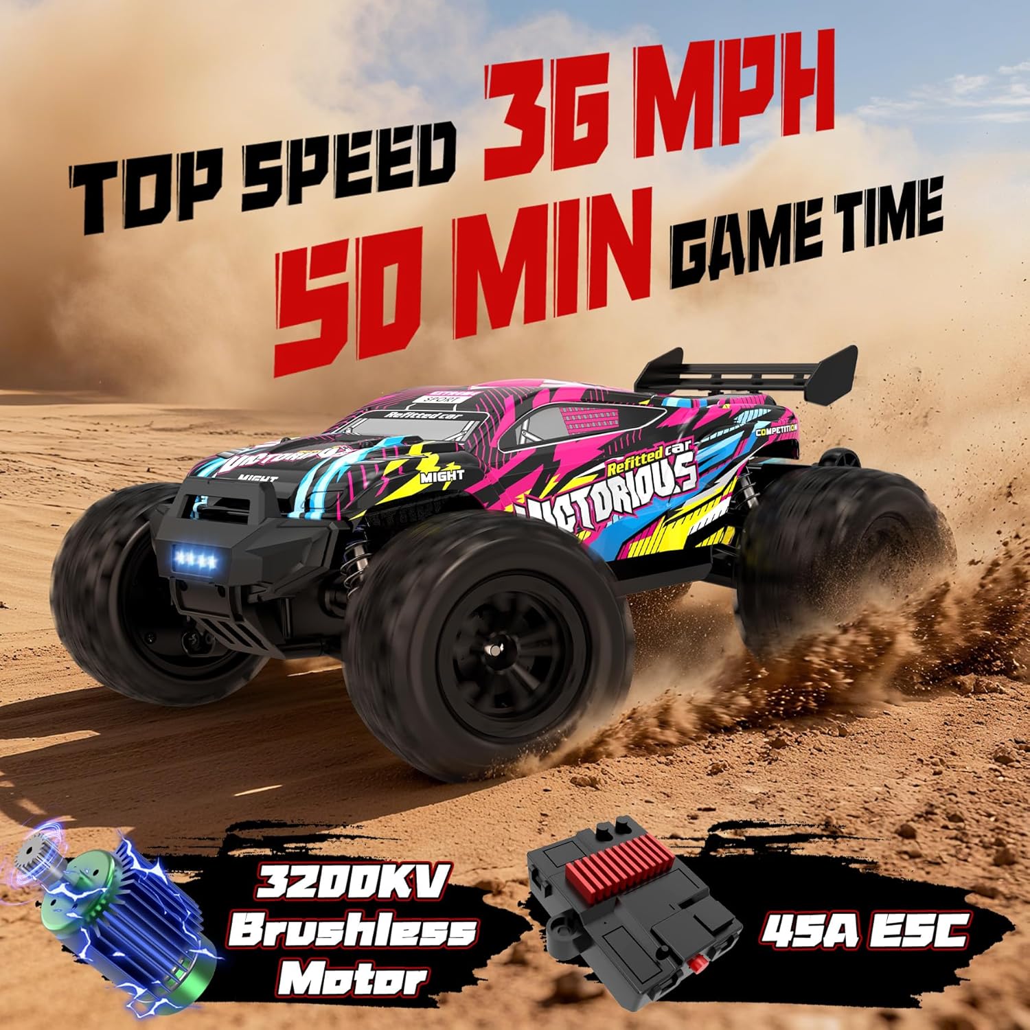 1:16 4WD Brushless rc Cars, 70+KM/H(Peak) High Speed Remote Car, RC Trucks 4X4 Offroad with 3000mAh Batteries, Boys