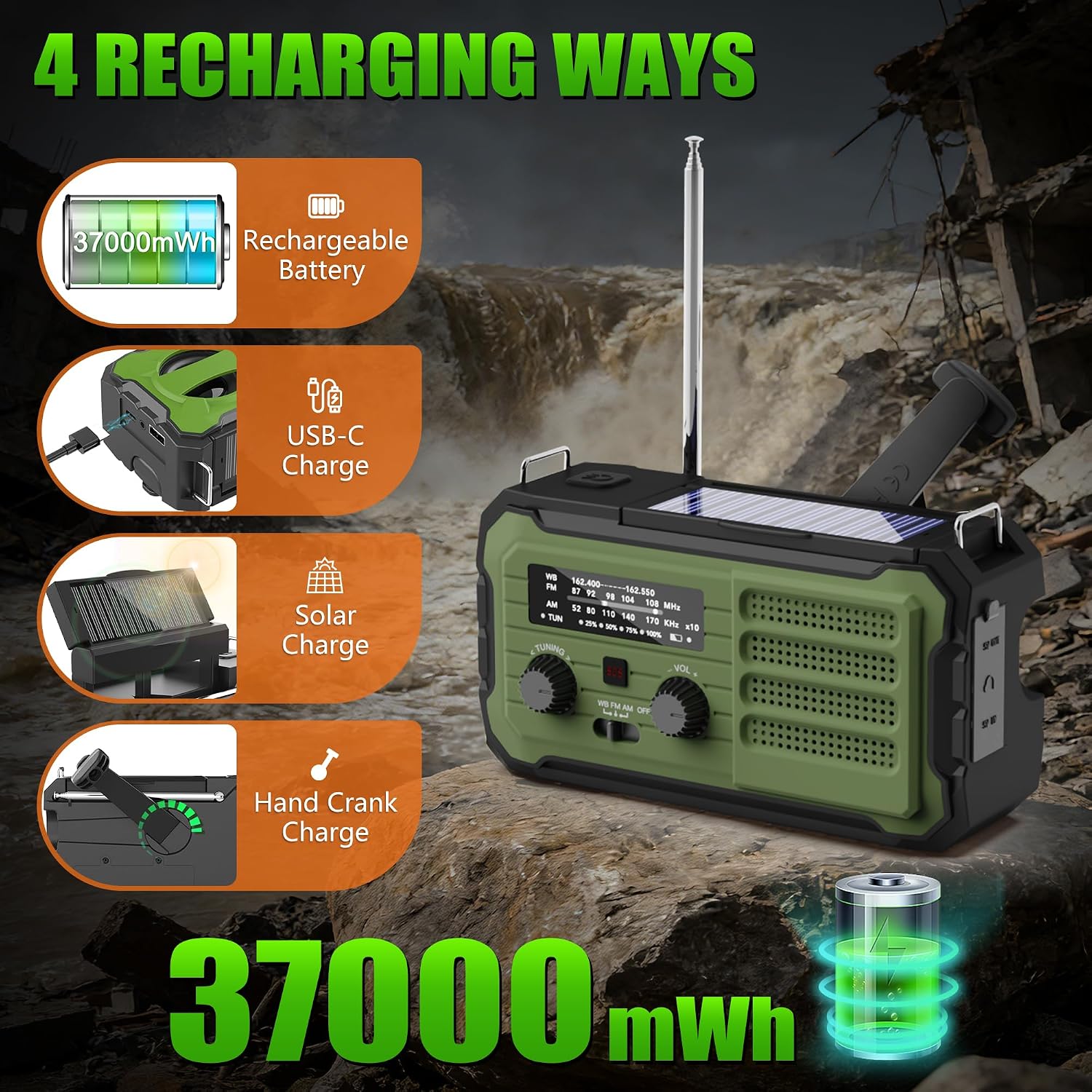 Emergency Radio Hand Crank Solar, 10000mAh/37000mWh Emergency Weather Radio | Hand Crank Solar Radios with
