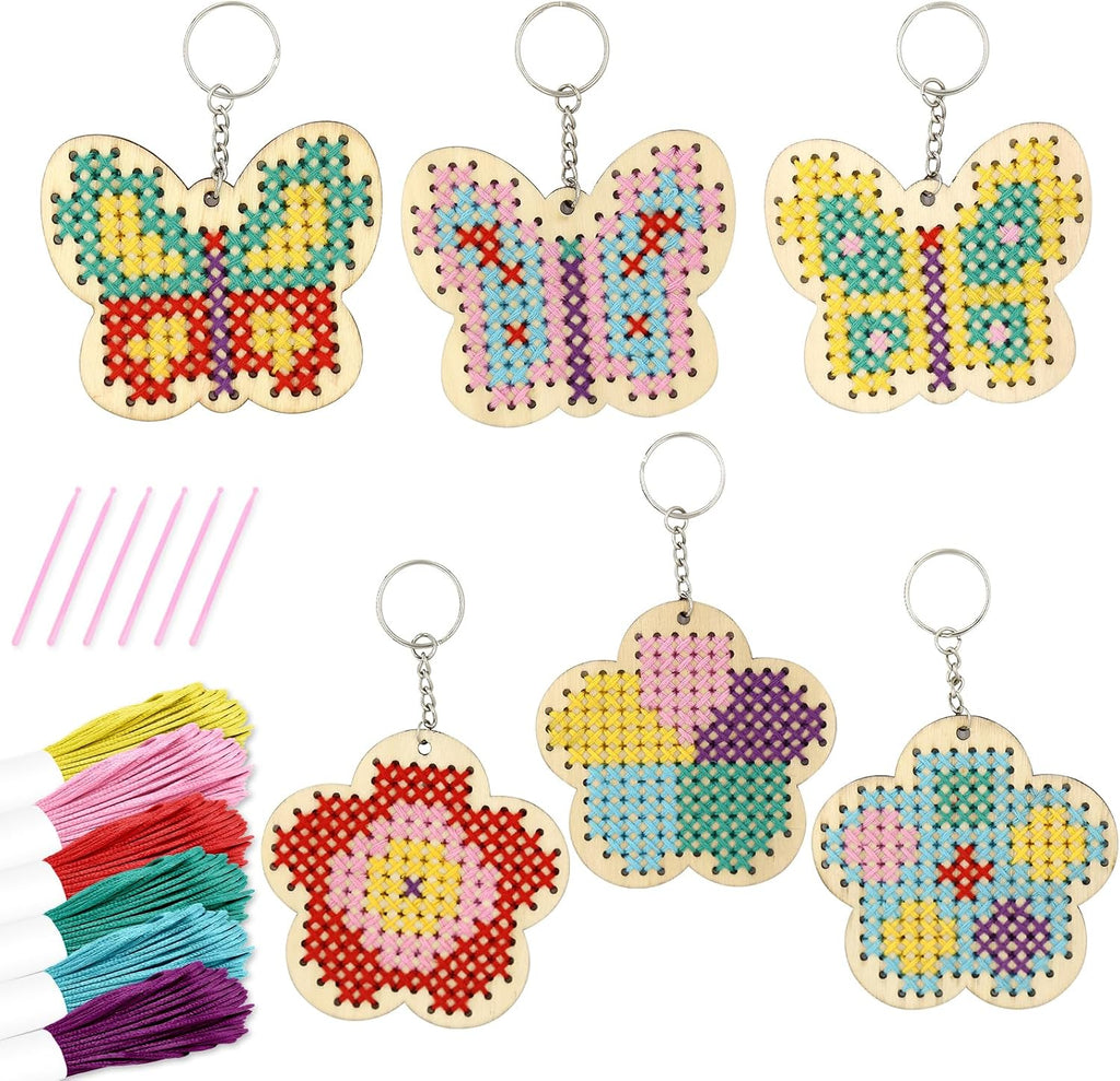 Wooden Cross Stitch Kits for Kids, Make Your Own 6 Cross Stitching Keyrings, Wood Sewing Kit, Arts & Crafts